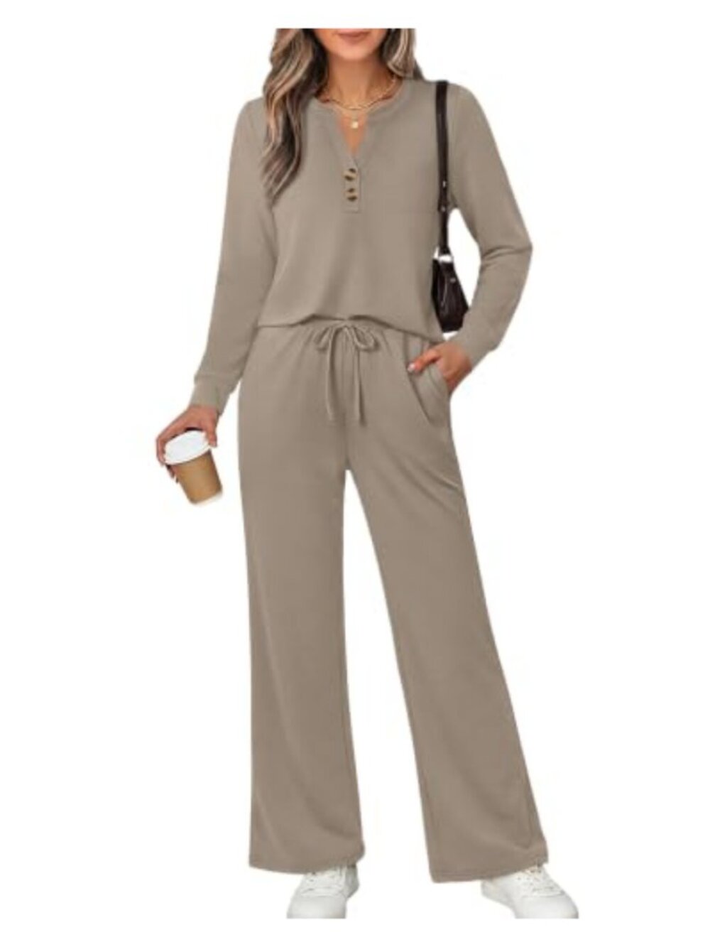 Two Piece Lounge Set Notched V-Neck Wide Leg Pants Travel Fall Outfit